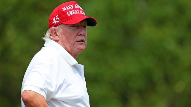 BEDMINSTER, NEW JERSEY - JULY 28: Former U.S. President Donald Trump looks on from the seventh tee during the pro-am prior to the LIV Golf Invitational - Bedminster at Trump National Golf Club Bedminster on July 28, 2022 in Bedminster, New Jersey.