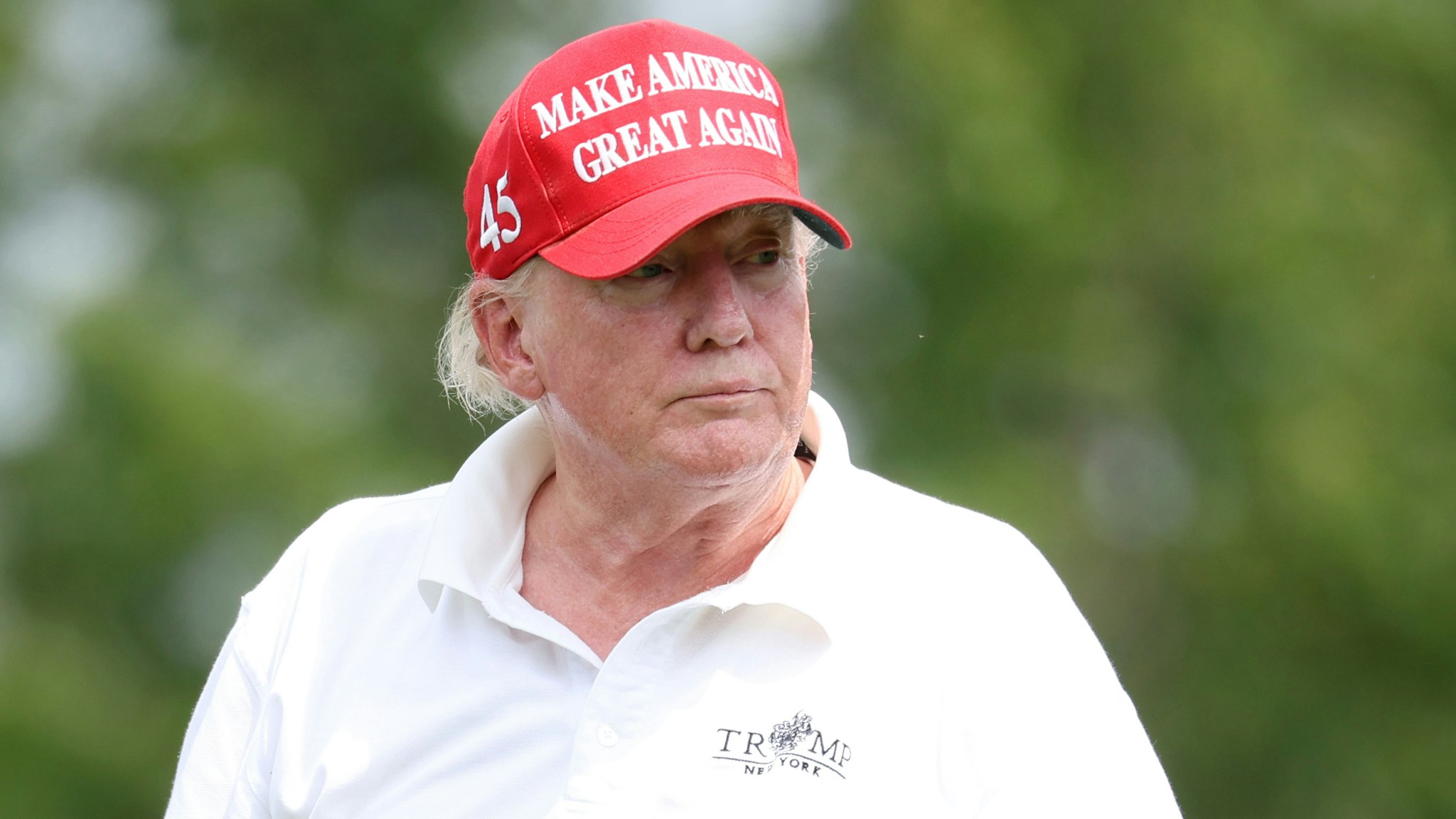 BEDMINSTER, NEW JERSEY - JULY 28: Former U.S. President Donald Trump watches a shot during the pro-am prior to the LIV Golf Invitational - Bedminster at Trump National Golf Club Bedminster on July 28, 2022 in Bedminster, New Jersey.