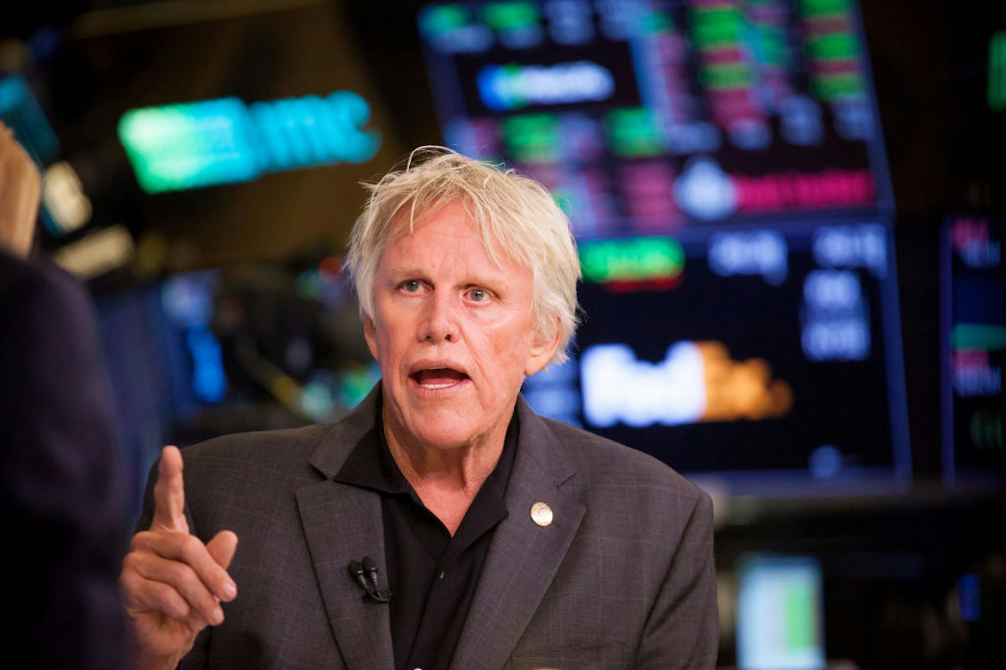 Actor Gary Busey speaks during an interview on the floor of the New York Stock Exchange (NYSE) in New York, U.S., on Tuesday, Sept. 4, 2018. U.S. stocks fell, Treasuries weakened and the dollar climbed as trade tensions persisted and emerging markets remained under pressure. Photographer: Michael Nagle/Bloomberg via Getty Images