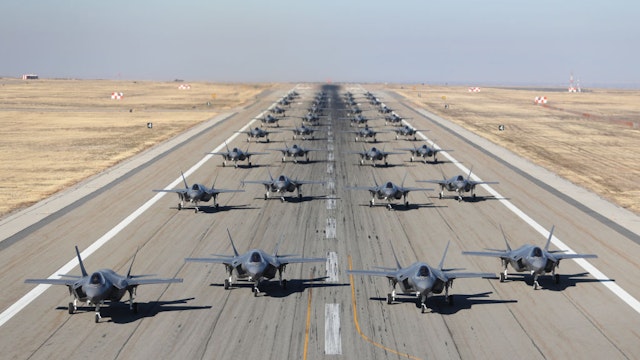 HILL AIR FORCE BASE, UT - NOVEMBER 19: Hill Air Force Bases 388th and 419th fighter wings line up 36, F-35A's on the runway to prepare for take-off on November 19, 2018 in Hill Air Force Base, Utah. This combat training exercise is to help the 388th and 419th, the only combat ready units for the F-35A's, to be ready to launch multiple aircraft on short notice in the defense of the country.