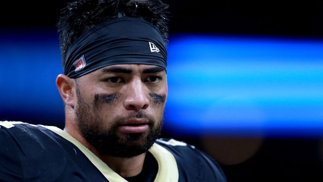 Manti Te'o #51 of the New Orleans Saints reacts to a play during a NFL game against the Carolina Panthers at the Mercedes-Benz Superdome on December 30, 2018 in New Orleans, Louisiana.