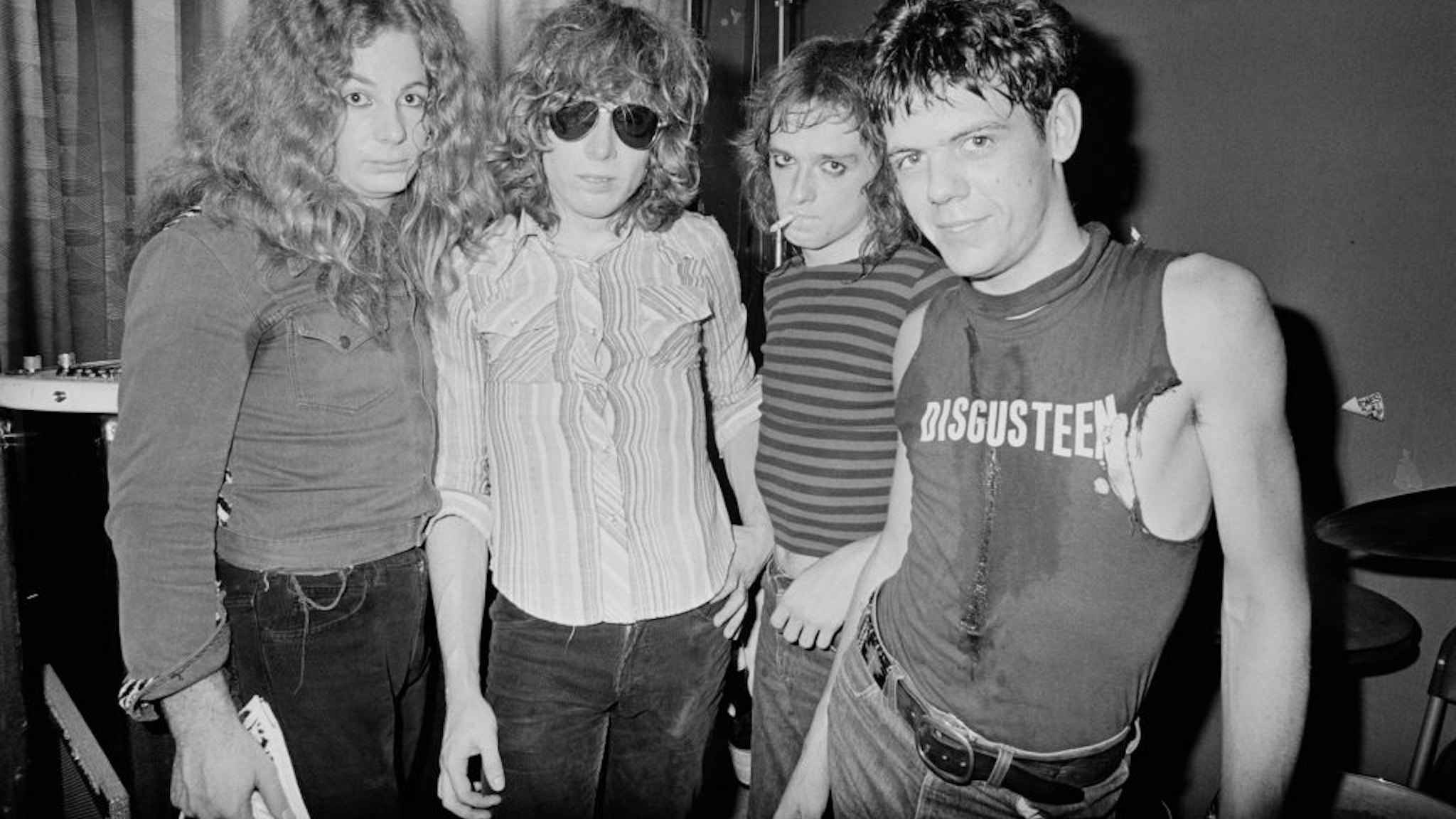 Canadian punk band Teenage Head backstage at a club in Toronto, Canada, summer 1977. Steve Mahon (Bass), Gord Lewis (Guitar) Nick Stipanitz (Drums), Frankie Venom (Vocals). (Photo by Erica Echenberg/Redferns)
