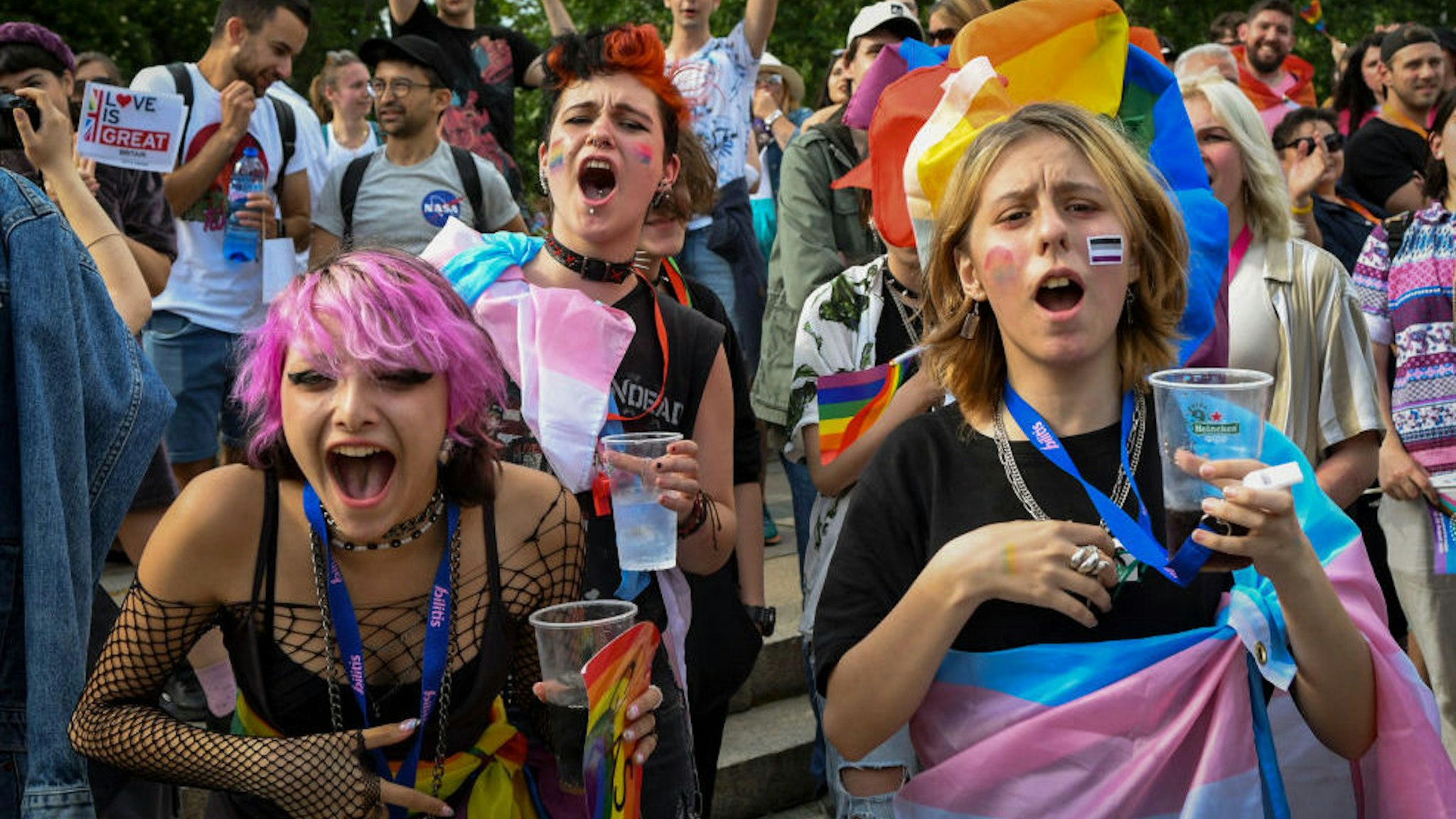People dancing during annual Sofia LGBT Pride parade in Sofia, Bulgaria, June 12, 2021