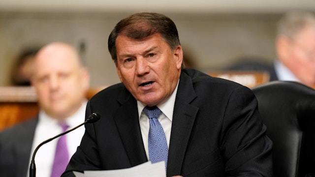WASHINGTON, DC - SEPTEMBER 28: Sen. Mike Rounds (R-SD) speaks during a Senate Armed Services Committee hearing on the conclusion of military operations in Afghanistan and plans for future counterterrorism operations on Capitol Hill on September 28, 2021 in Washington, DC.