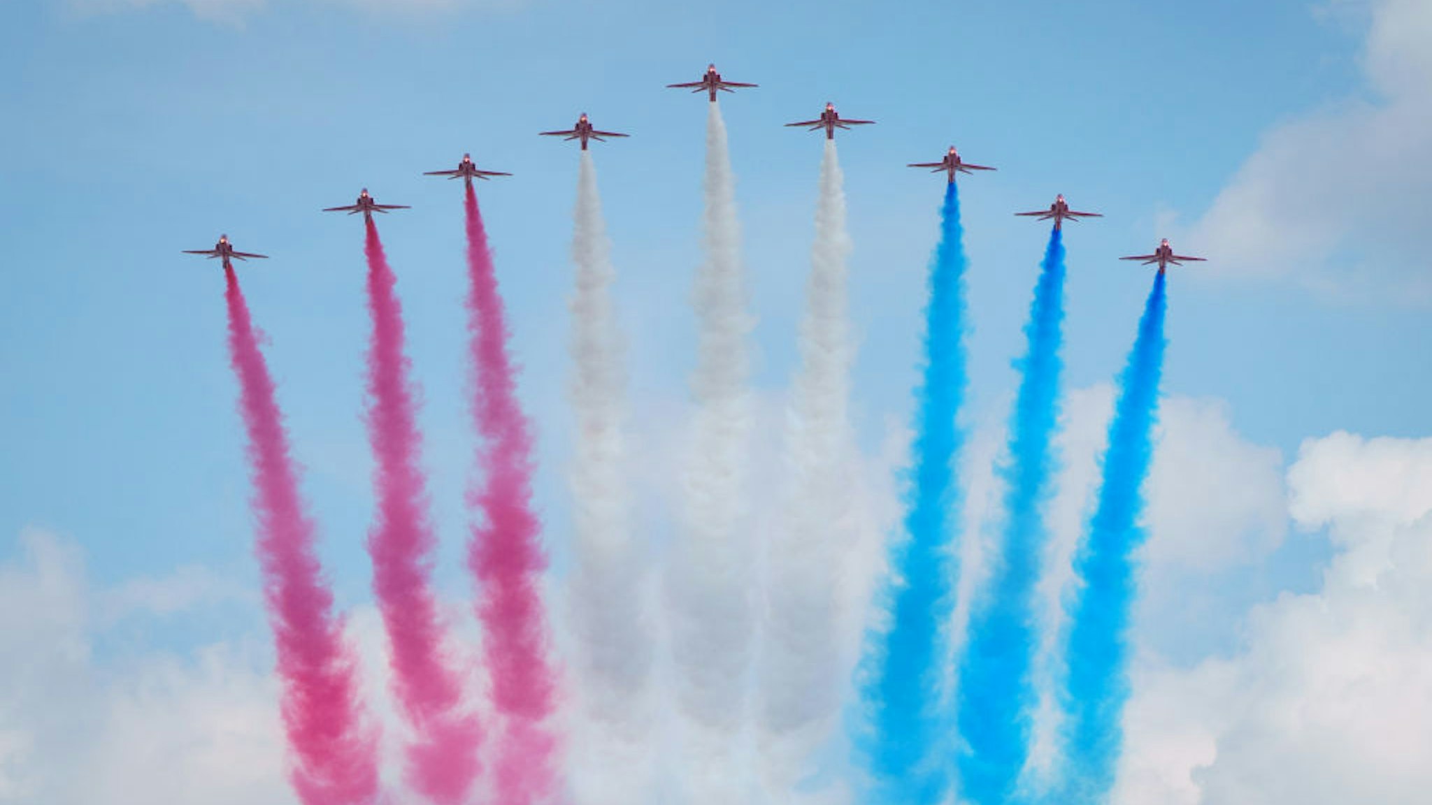The Red Arrows during a flypast at the conclusion of the Trooping the Colour ceremony at Horse Guards Parade, central London, as the Queen celebrates her official birthday, on day one of the Platinum Jubilee celebrations.