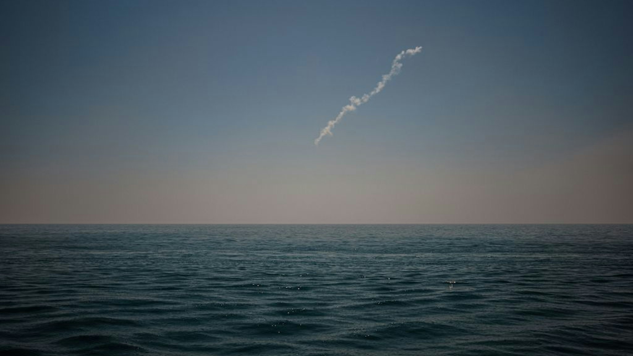 An anti-aircraft missile trail is seen during the Breeze 2022 multinational maritime exercise in the Black Sea on July 22, 2022. (Photo by Dimitar DILKOFF / AFP) (Photo by DIMITAR DILKOFF/AFP via Getty Images)