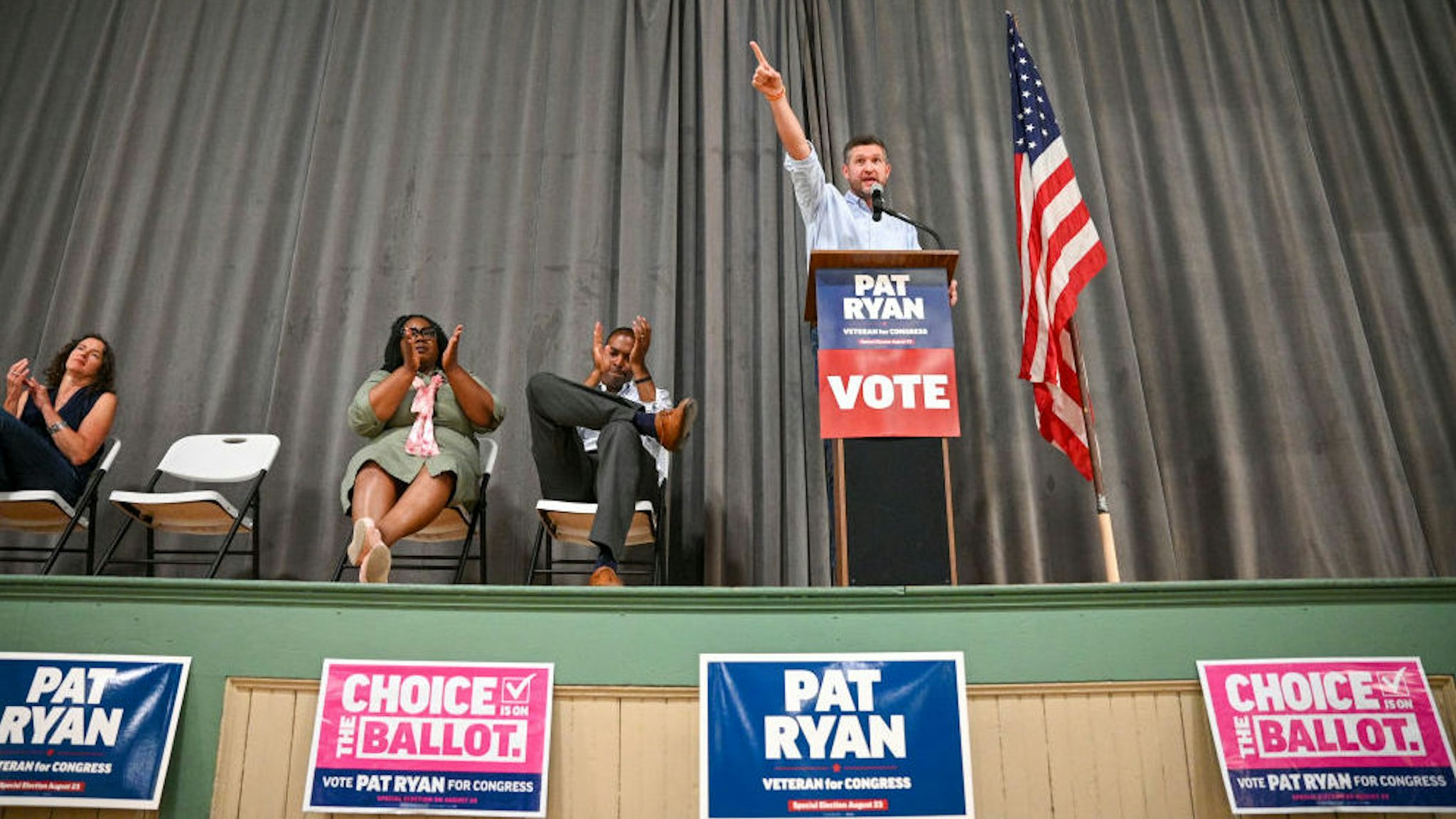 Democratic candidate Pat Ryan, right, speaks during a rally in Kingston, New York on Saturday, Aug. 13, 2022.