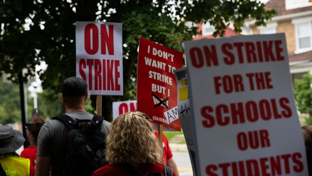 COLUMBUS, OH- AUGUST, 22: Columbus City School teachers strike outside of Livingston Elementary School in Columbus, OH on August 22, 2022.