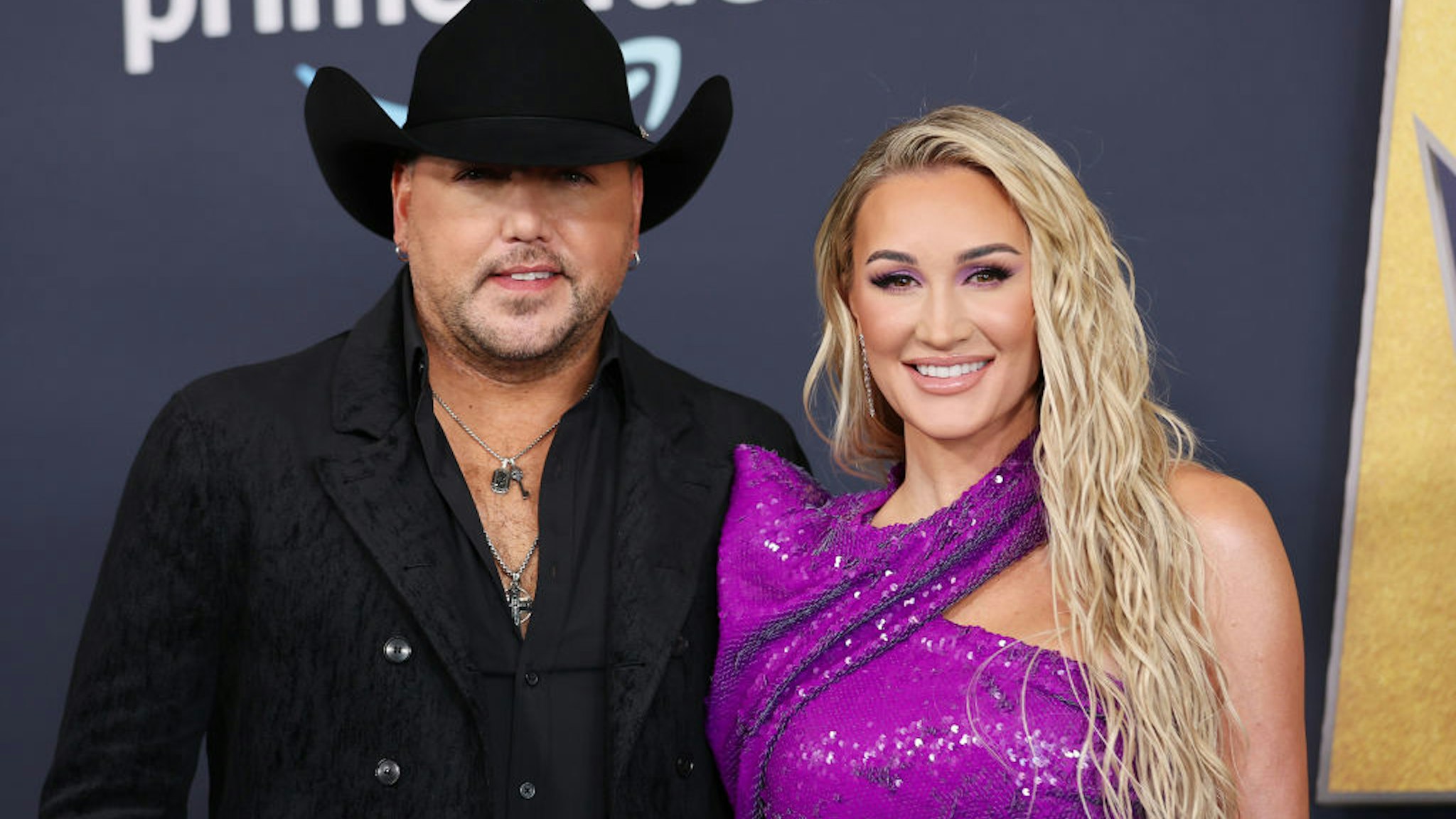 Jason Aldean and Brittany Kerr attend the 57th Academy of Country Music Awards at Allegiant Stadium on March 07, 2022 in Las Vegas, Nevada