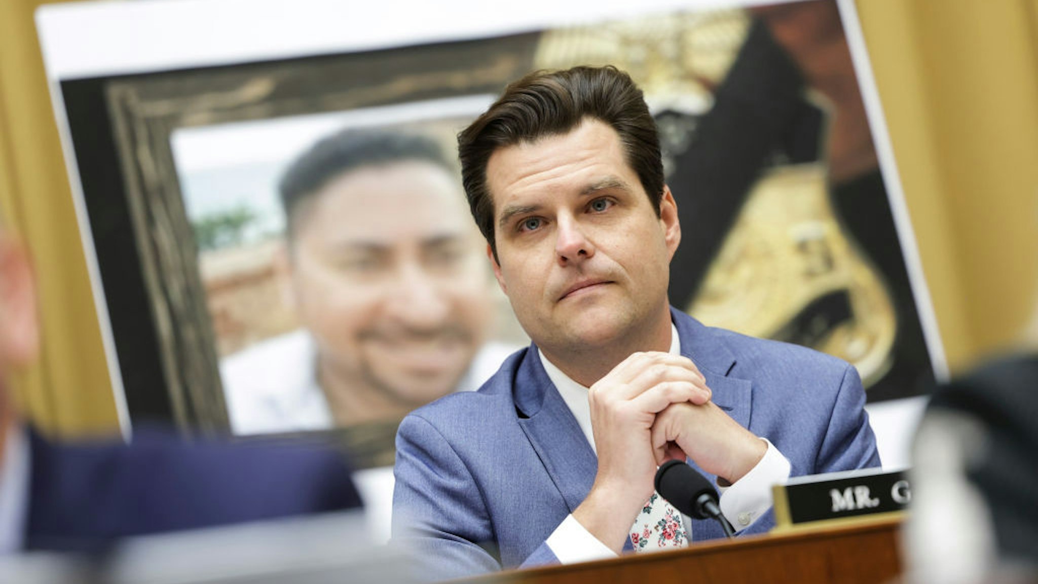 U.S. Rep Matt Gaetz (R-FL) questions U.S. Homeland Security Secretary Alejandro Mayorkas as he testifies before the House Judicary Committee at the Rayburn House Office Building on April 28, 2022 in Washington, DC.