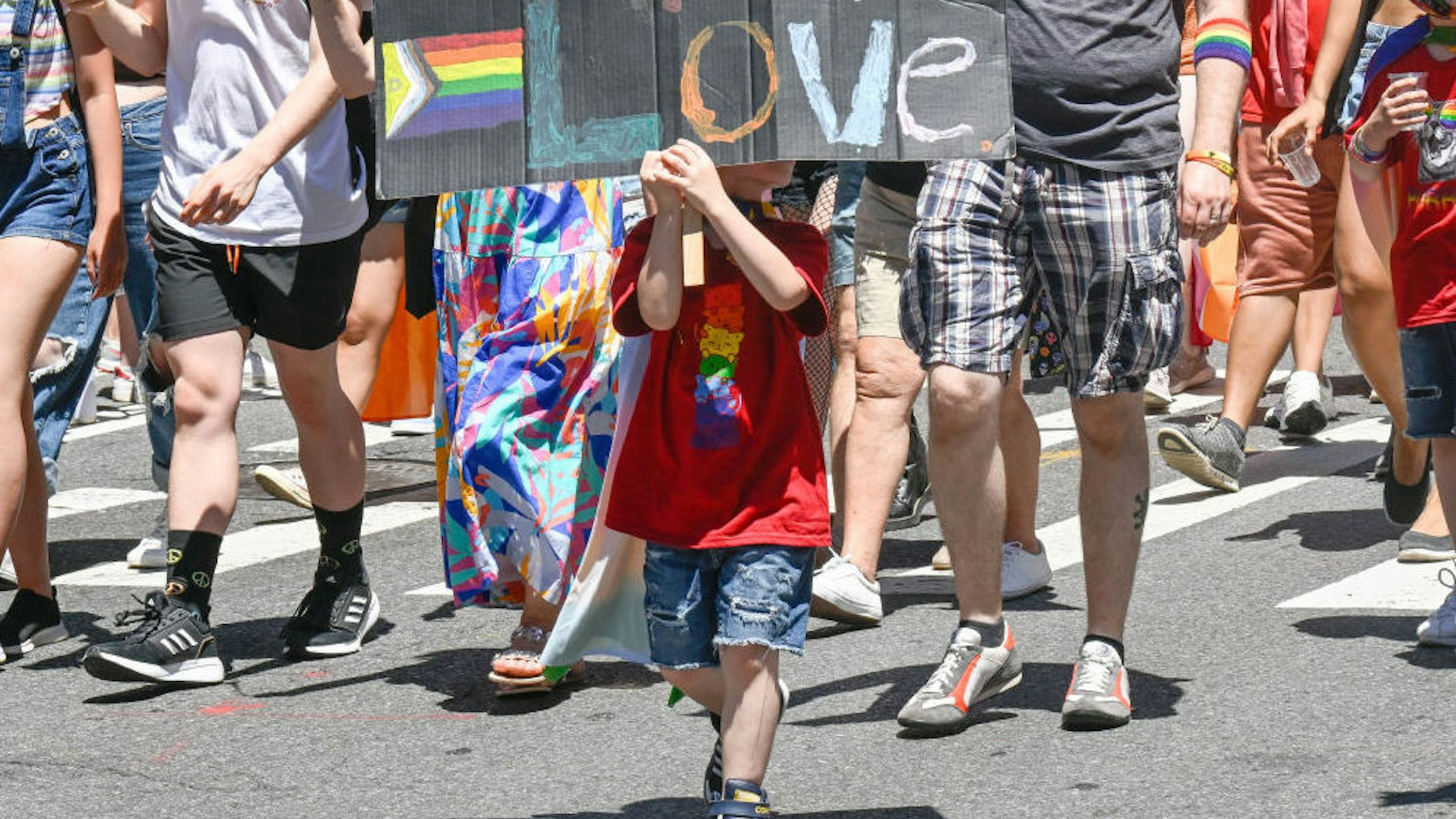 A child marches during the 2022 New York City Pride march on June 26, 2022 in New York City.