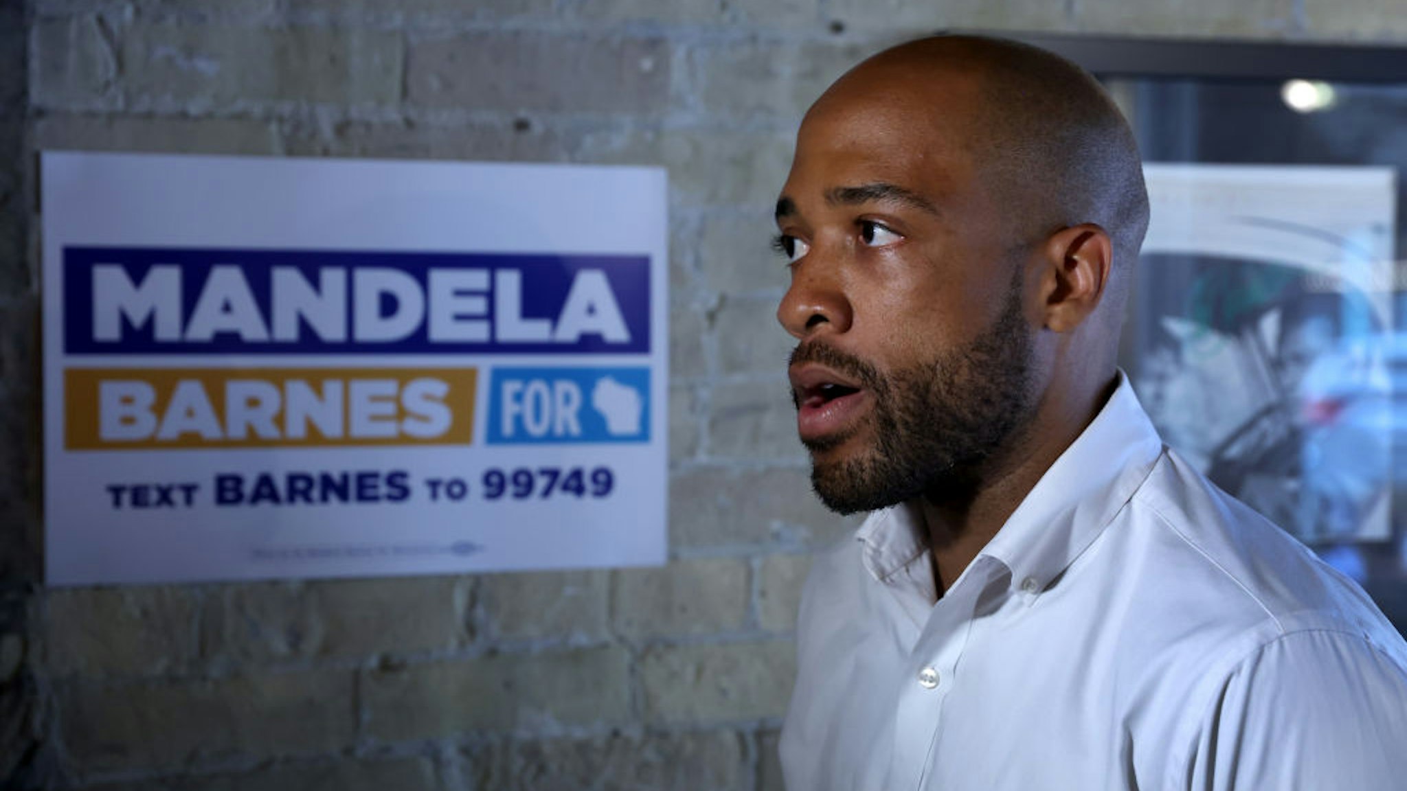 MILWAUKEE, WISCONSIN - AUGUST 07: Wisconsin Lieutenant Governor Mandela Barnes who is running to become the Democratic nominee for the U.S. senate speaks to reporters following a campaign event at The Wicked Hop on August 07, 2022 in Milwaukee, Wisconsin. Barnes is expected to win the primary on Tuesday and face incumbent GOP Senator Ron Johnson in the general election in November.