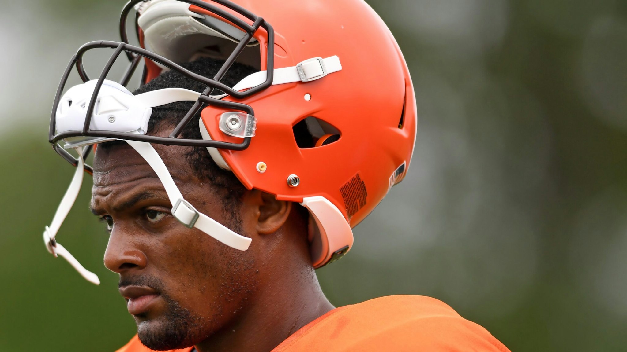 BEREA, OH - AUGUST 09: Deshaun Watson #4 of the Cleveland Browns looks on during Cleveland Browns training camp at CrossCountry Mortgage Campus on August 09, 2022 in Berea, Ohio.