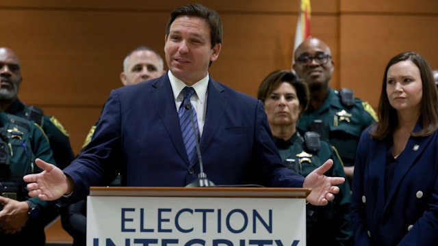 FORT LAUDERDALE, FLORIDA - AUGUST 18: Florida Gov. Ron DeSantis speaks during a press conference held at the Broward County Courthouse on August 18, 2022 in Fort Lauderdale, Florida. The Governor announced during the press conference that the state’s new Office of Election Crimes and Security has uncovered and are in the process of arresting 20 individuals across the state for voter fraud.