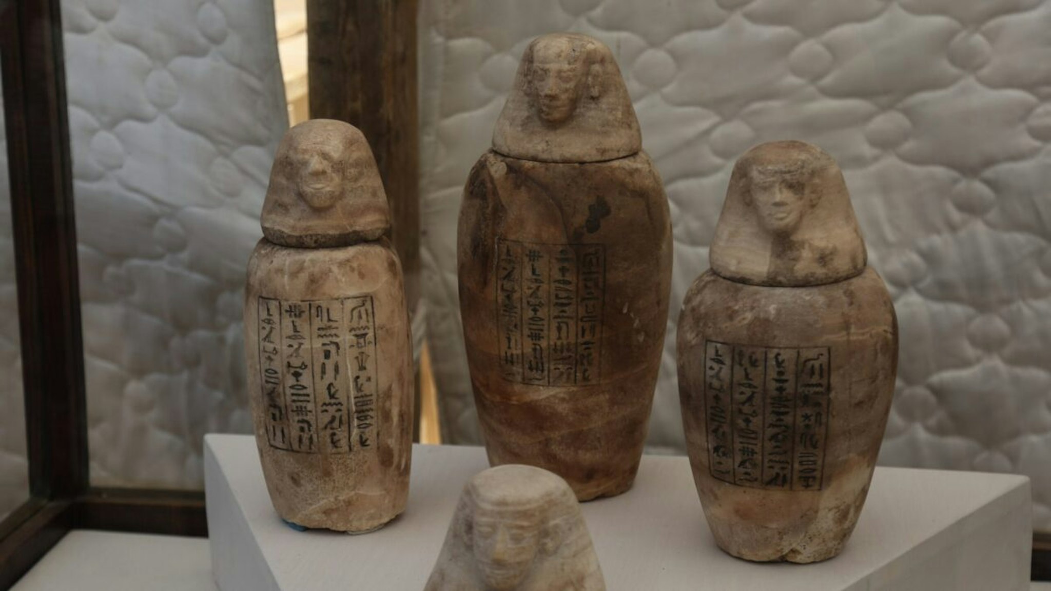 A general view of burial canopic jars that were discovered by a German-Egyptian mission, at the Saqqara burial ground in Giza, Egypt, 14 July 2018.
