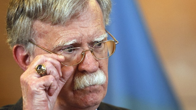 US National Security Advisor John Bolton speaks during his a press-conference in Kiev, Ukraine, on 28 August 2019. National Security Advisor of the US John Bolton arrived to Kiev to meet with top Ukrainian officials.
