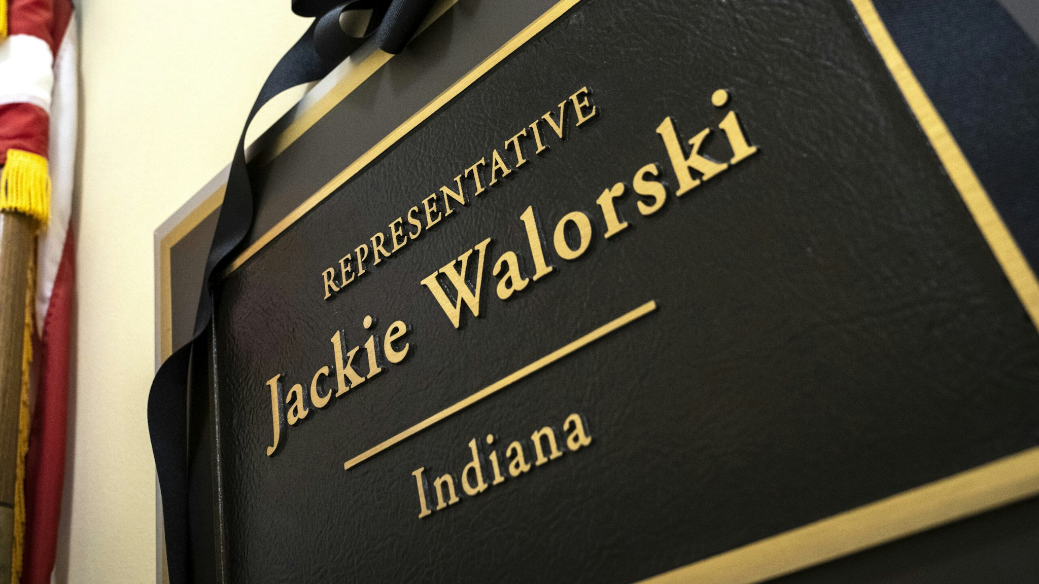 WASHINGTON, DC - AUGUST 4: A black ribbon adorns the nameplate of the late Rep. Jackie Walorski (R-IN) at her office in the Cannon House Office Building on August 4, 2022 in Washington, DC. Walorski, 58, and two staff members were killed in a car crash in Elkhart County, Indiana on Wednesday.