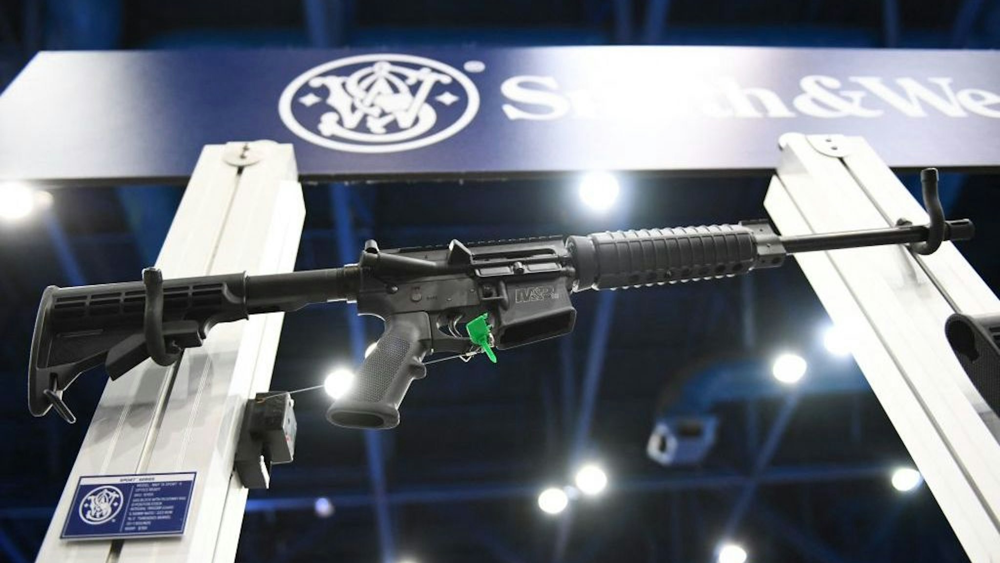Smith & Wesson M&P-15 semi-automatic rifles of the AR-15 style are displayed during the National Rifle Association (NRA) annual meeting at the George R. Brown Convention Center, in Houston, Texas on May 28, 2022. - America's powerful National Rifle Association kicked off a major convention in Houston Friday, days after the horrific massacre of children at a Texas elementary school, but a string of high-profile no-shows underscored deep unease at the timing of the gun lobby event. (Photo by Patrick T. FALLON / AFP) (Photo by PATRICK T. FALLON/AFP via Getty Images)