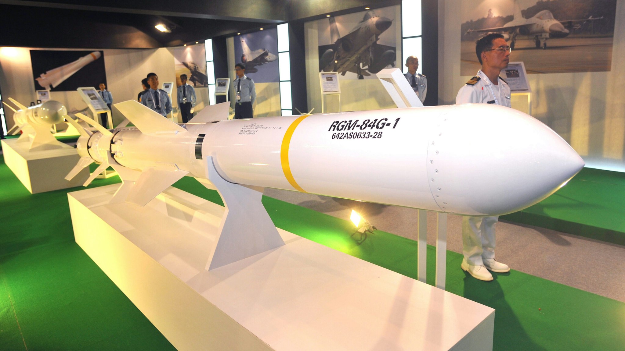 A US-made Harpoon ship-to-ship missile is displayed at the Taipei World Trade Centre, one day before the opening of the four-day Taipei Aerospace and Defence Technology Exhibition on August 10, 2011.