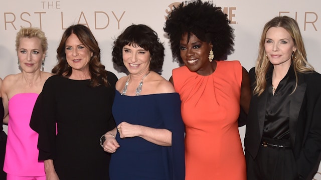 (L-R) David Nevins, Chief Executive Officer of Showtime Networks, Amy Israel, Executive Vice President, Scripted Programming at Showtime Networks Inc., Gillian Anderson, Cathy Schulman, Susanne Bier, Viola Davis, Michelle Pfeiffer and Jana Winograde, President, Showtime Entertainment attends Showtime's FYC Event and Premiere for "The First Lady" at DGA Theater Complex on April 14, 2022 in Los Angeles, California.