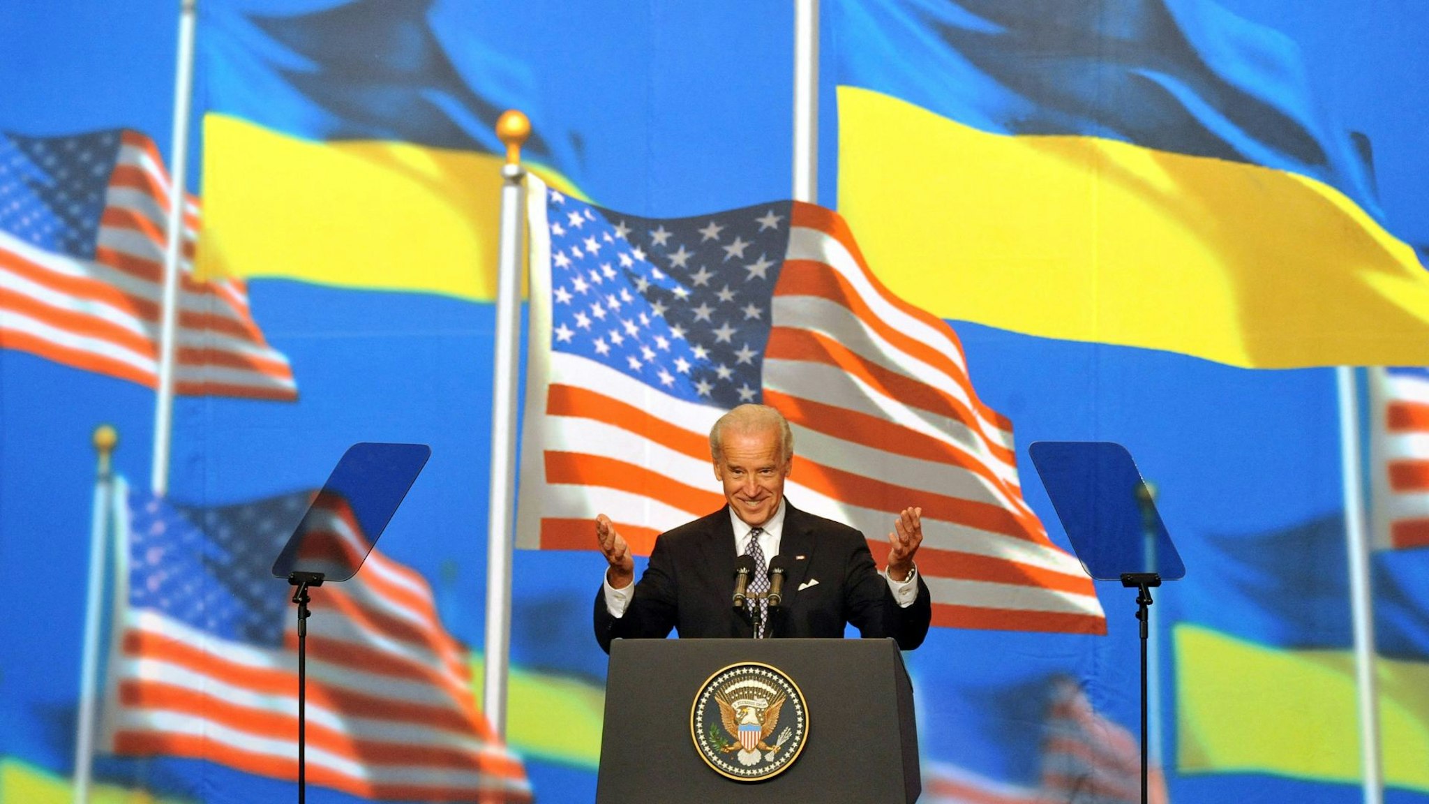 TOPSHOT - US Vice President Joe Biden gestures as he addresses the people of Ukraine in Kiev on July 22, 2009.