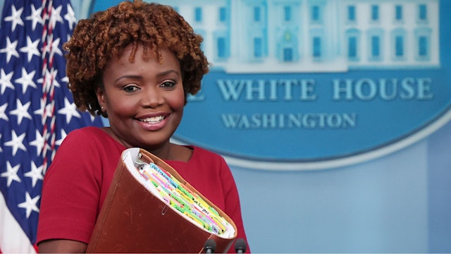 WASHINGTON, DC - AUGUST 03: White House press secretary Karine Jean-Pierre arrives for the daily briefing at the White House on August 03, 2022 in Washington, DC.