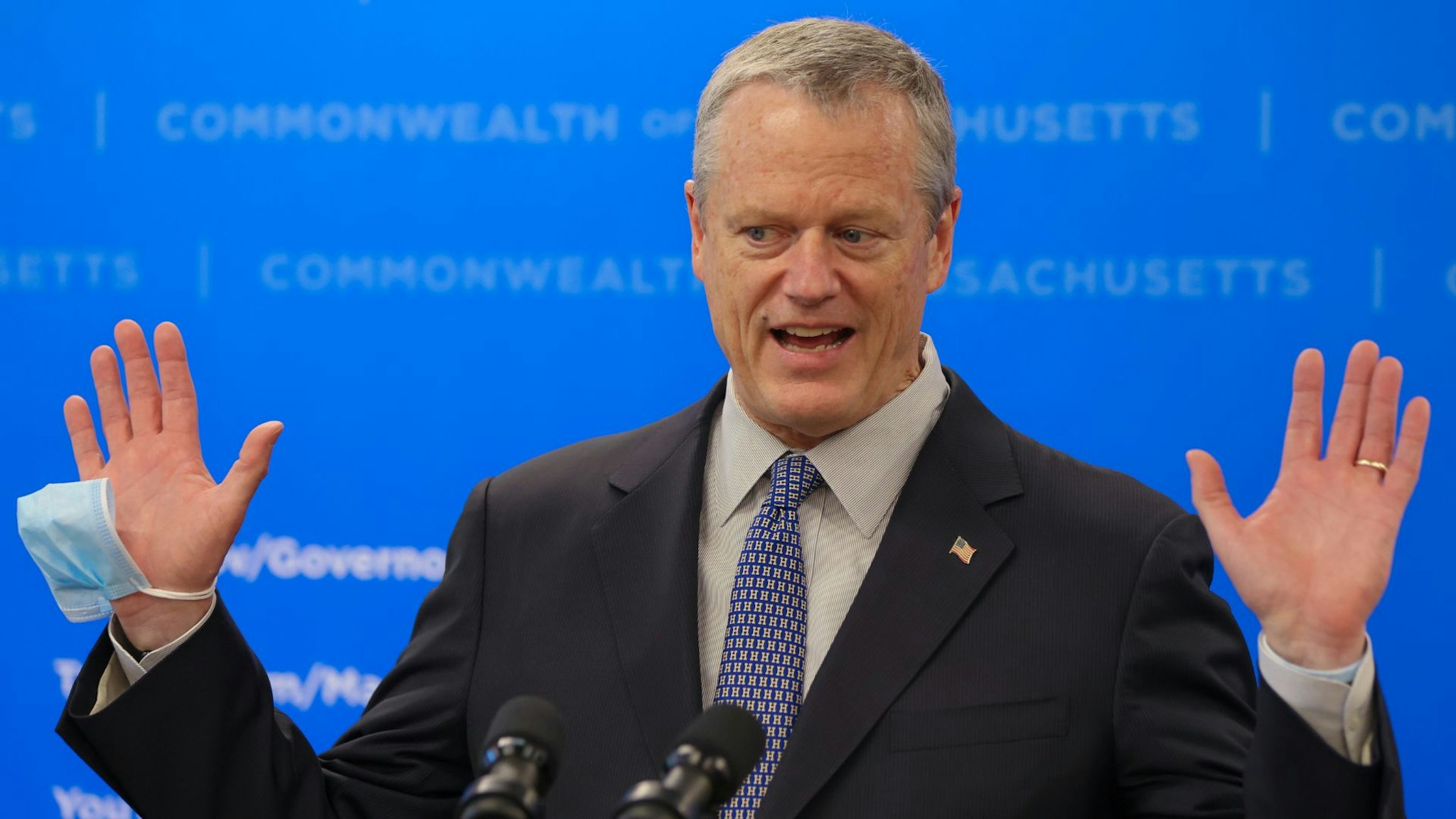 Quincy, MA - May 10: Governor Charlie Baker during a press conference at the Manet Community Health Center Vaccination Site in Quincy, MA on May 10, 2021.