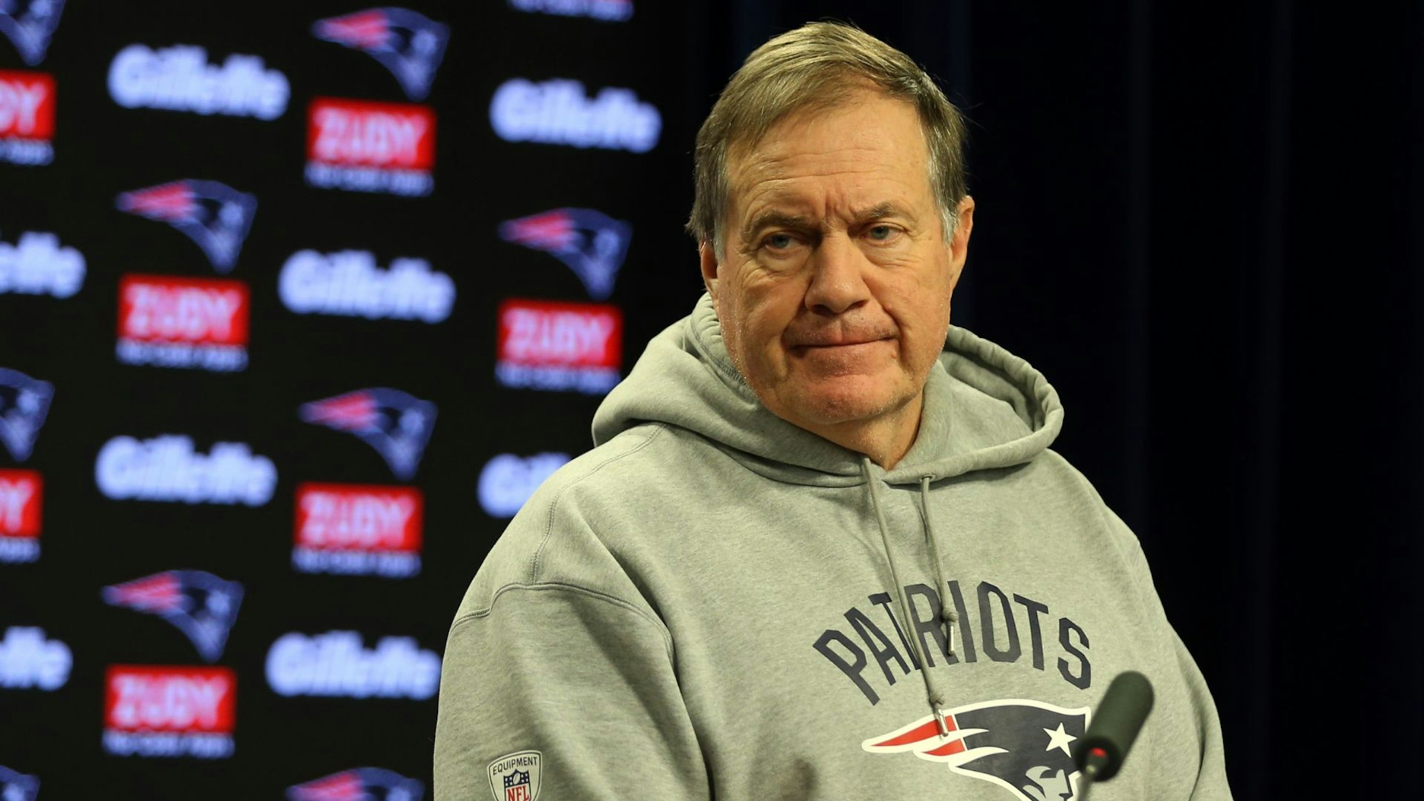 (Foxborough, MA 01/19/18) Coach Bill Belichick talks with reporters during his press conference before Patriots practice at Gillette. Friday, January 19, 2018.