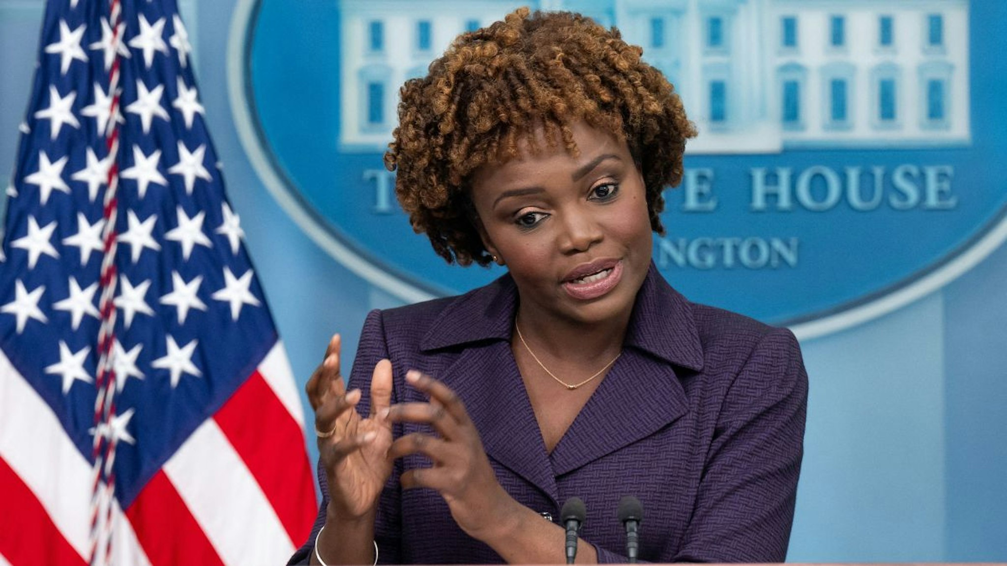 White House Press Secretary Karine Jean-Pierre speaks during the daily press briefing in the Brady Press Briefing Room of the White House in Washington, DC, August 5, 2022.