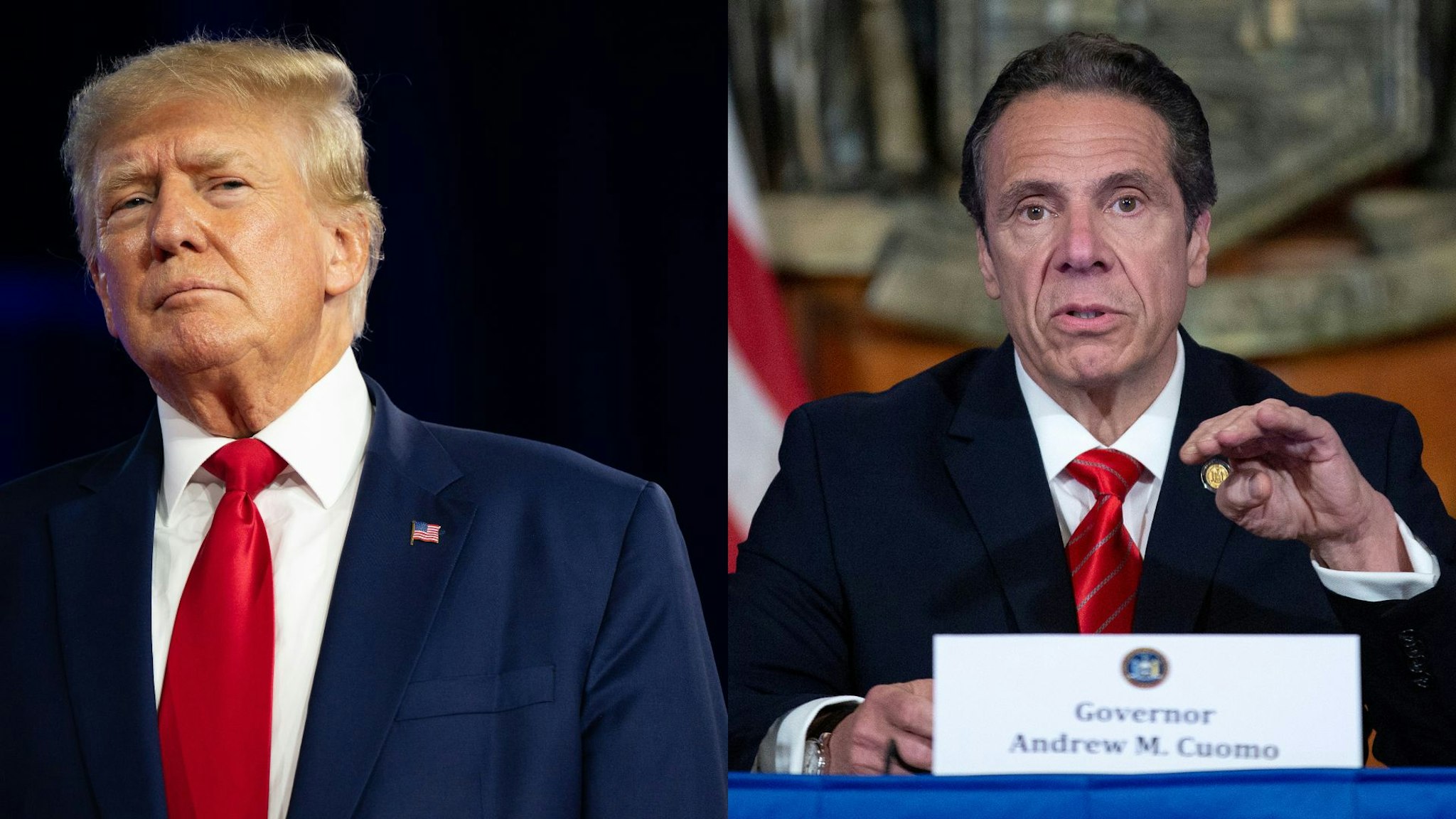DALLAS, TEXAS - AUGUST 06: Former U.S. President Donald Trump speaks at the Conservative Political Action Conference (CPAC) at the Hilton Anatole on August 06, 2022 in Dallas, Texas. ALBANY, NY - MAY 01: New York State Governor Andrew Cuomo speaks during his daily press briefing on May 1, 2020 in Albany, New York. Cuomo stated that New York will eliminate deductibles for mental health services for frontline workers.