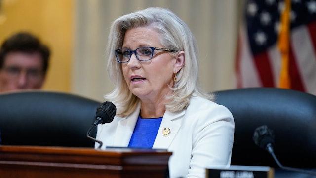 Rep. Liz Cheney (R-Wyo.) is seen as the House select committee investigating the Jan. 6 attack on the U.S. Capitol holds a primetime hearing on Capitol Hill on Thursday, July 21, 2022 in Washington, DC.
