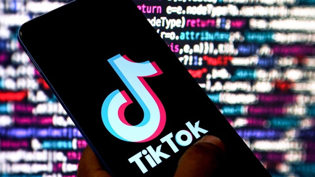 In this photo illustration, a Tiktok logo is displayed on a smartphone.