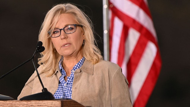 US Representative Liz Cheney (R-WY) speaks to supporters at an election night event during the Wyoming primary election at Mead Ranch in Jackson, Wyoming on August 16, 2022.