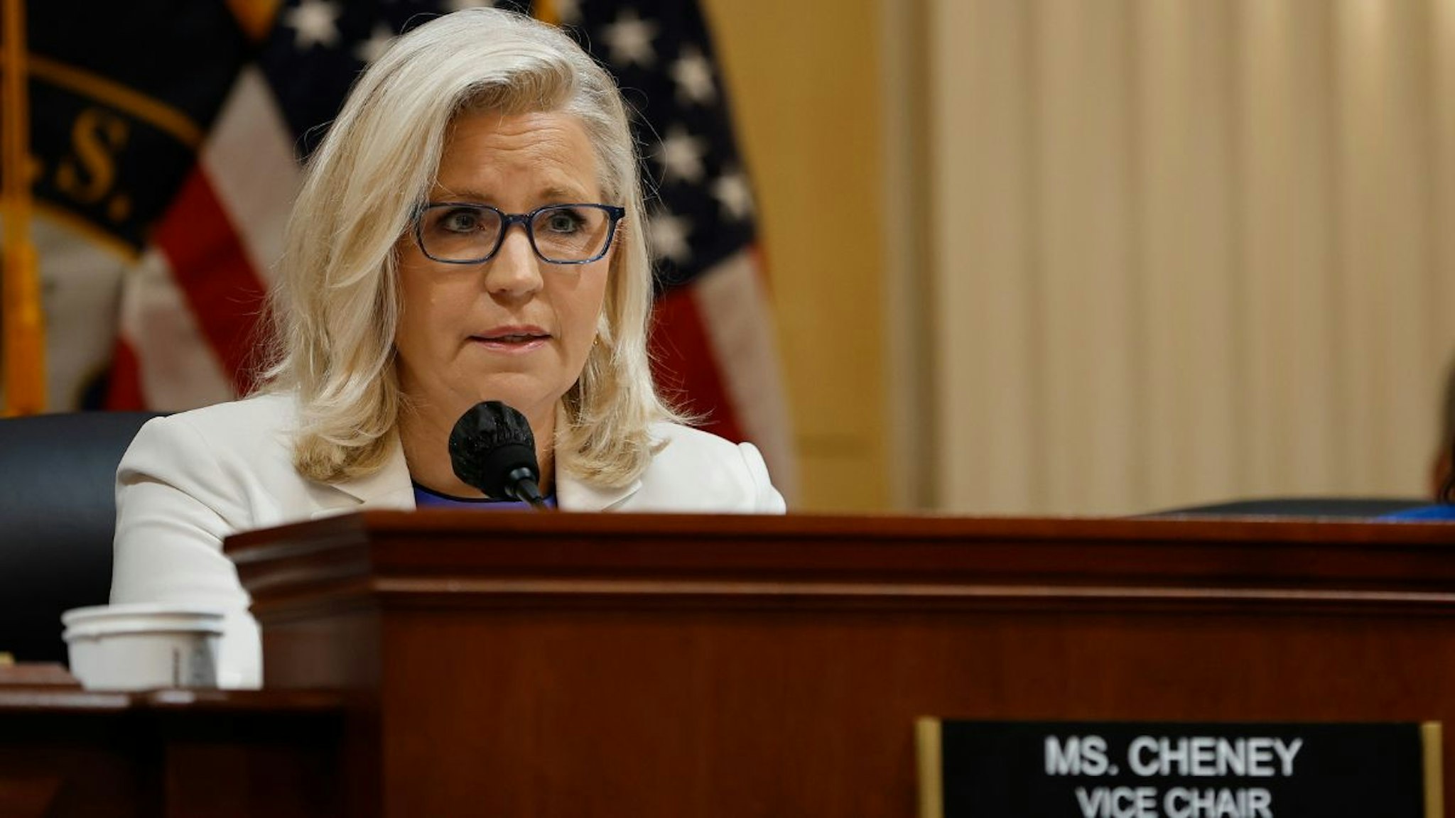 Rep. Liz Cheney (R-WY), Vice Chairwoman of the House Select Committee to Investigate the January 6th Attack on the U.S. Capitol, delivers closing remarks during a prime-time hearing in the Cannon House Office Building on July 21, 2022 in Washington, DC.
