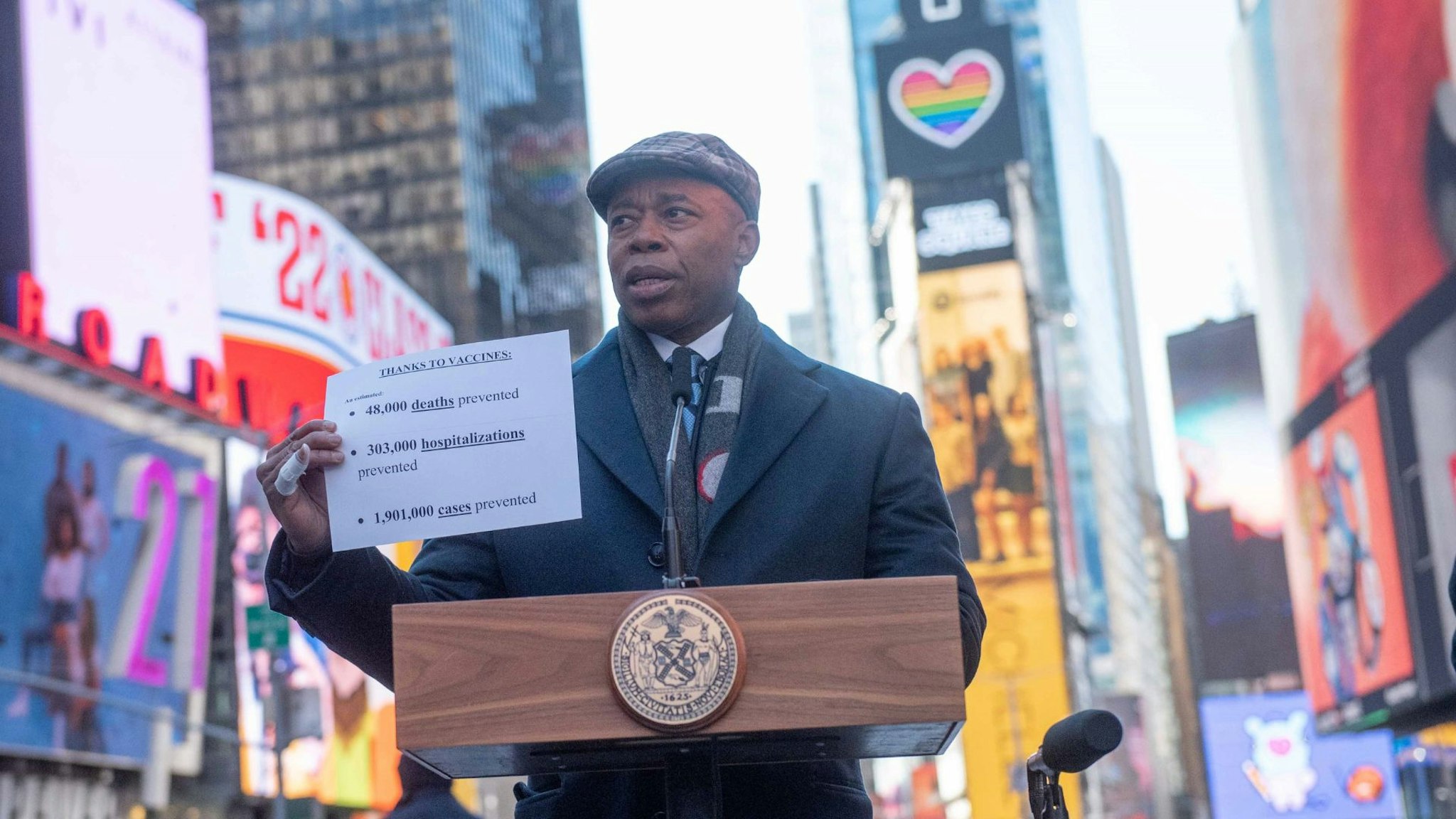 New York City Mayor Eric Adams speaks during a press briefing on Times Square in New York, the United States, March 4, 2022.
