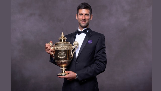 LONDON, UNITED KINGDOM - JULY 14: (EDITORIAL USE ONLY) In this handout image supplied by the All England Lawn Tennis Club, Novak Djokovic of Serbia, the Gentlemens Singles champion photographed at the Champions' Dinner at The Guildhall on July 14, 2019 in London, England.