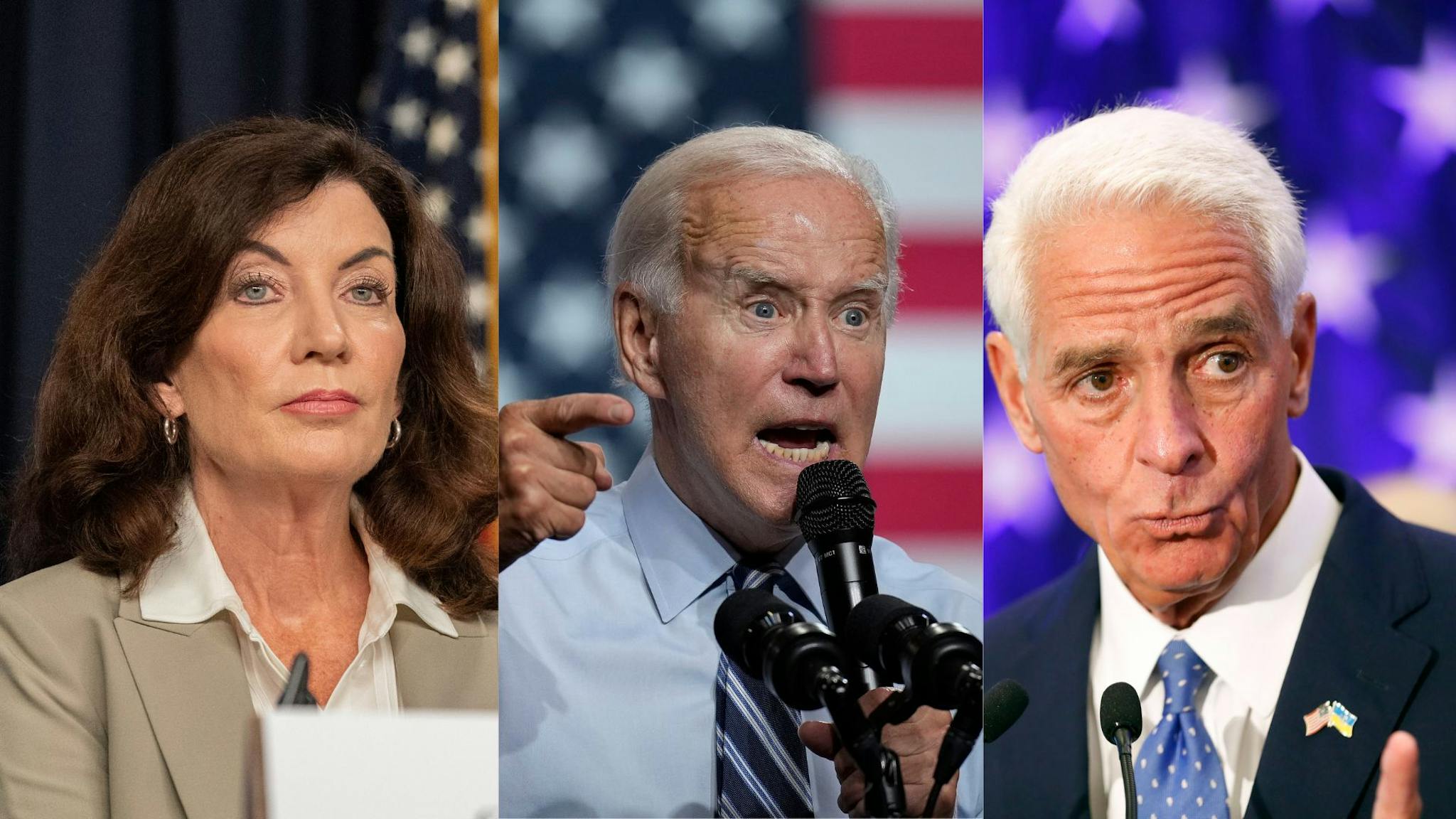 Kathy Hochul, Joe Biden, Charlie Crist Kathy Hochul, governor of New York, during a news conference in New York, US, on Monday, Aug. 22, 2022. New York is lifting Covid-19 restrictions for schools to align with guidance from the CDC, Governor Hochul announced on Monday. ROCKVILLE, MD - AUGUST 25: U.S. President Joe Biden speaks during a rally hosted by the Democratic National Committee (DNC) at Richard Montgomery High School on August 25, 2022 in Rockville, Maryland. Biden rallied supporters for Democratic candidates running in Maryland and to encourage Democratic voters nationwide to turn out in the November midterm elections. ST PETERSBURG, FL - AUGUST 23: Florida Gubernatorial candidate Rep. Charlie Crist (D-FL) gives a victory speech after defeating gubernatorial candidate, Commissioner of Agriculture Nikki Fried in the primary election at the Hilton St. Petersburg Bayfront on August 23, 2022 in St. Petersburg, Florida.Crist will face Florida Governor Ron DeSantis on November 8th in the general election.