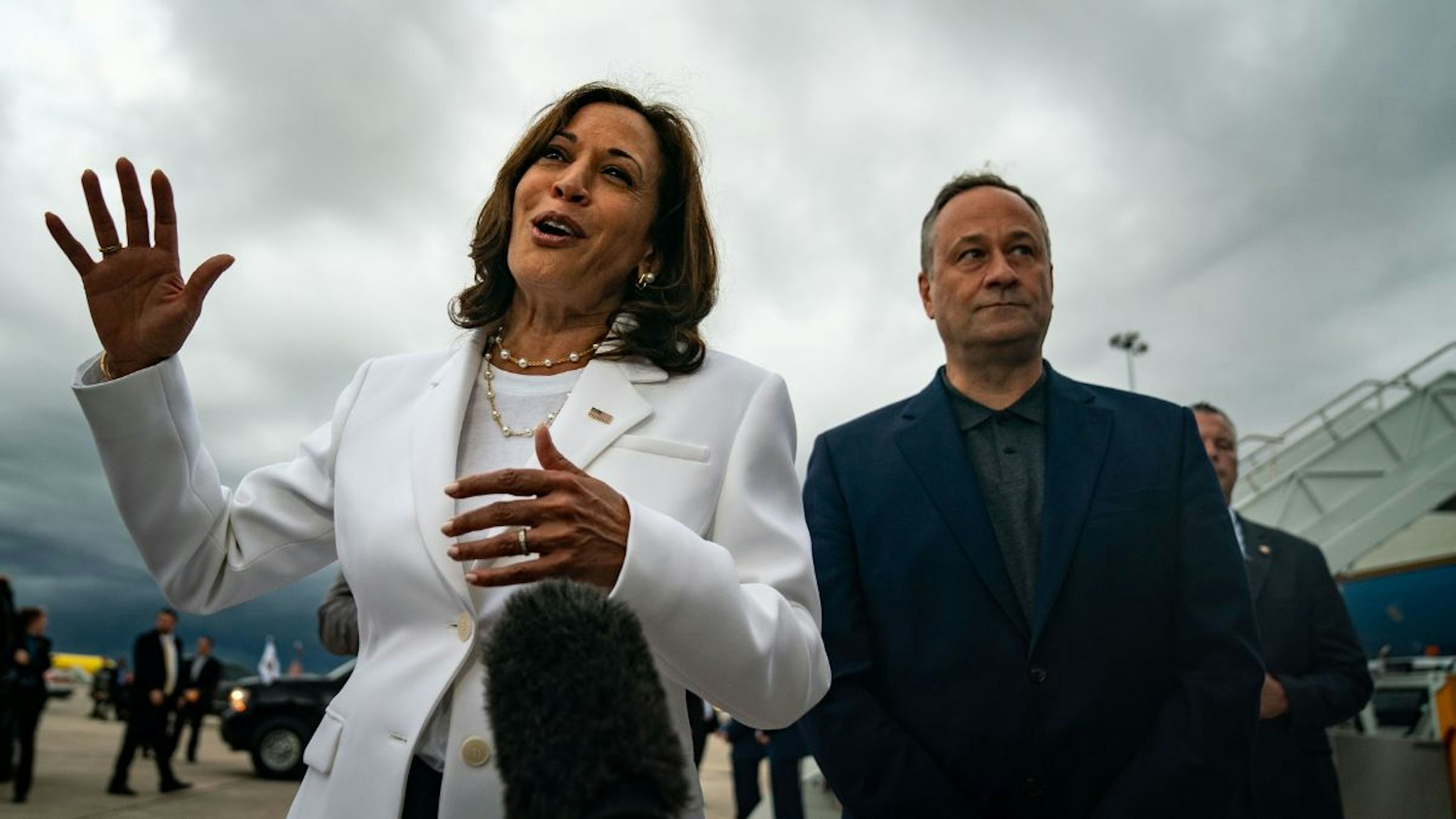 Vice President Kamala Harris speaks to members of the press, joined by Second Gentleman Doug Emhoff after disembarking from Air Force 2 at Orlando International Airport on Sunday, Aug. 28, 2022 in Orlando, FL.