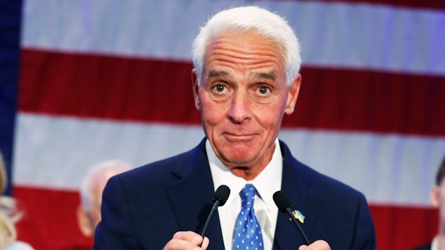 ST PETERSBURG, FL - AUGUST 23: Florida Gubernatorial candidate Rep. Charlie Crist (D-FL) gives a victory speech after defeating gubernatorial candidate, Commissioner of Agriculture Nikki Fried in the primary election at the Hilton St. Petersburg Bayfront on August 23, 2022 in St Petersburg, Florida.