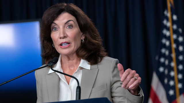 Kathy Hochul, governor of New York, speaks during a news conference in New York, US, on Monday, Aug. 22, 2022.