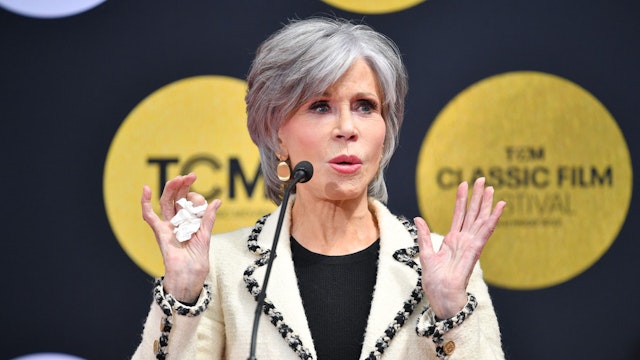 Jane Fonda speaks at the handprint and footprint ceremony for Lily Tomlin, at the TCL Chinese Theater in Hollywood, California, April 22, 2022.