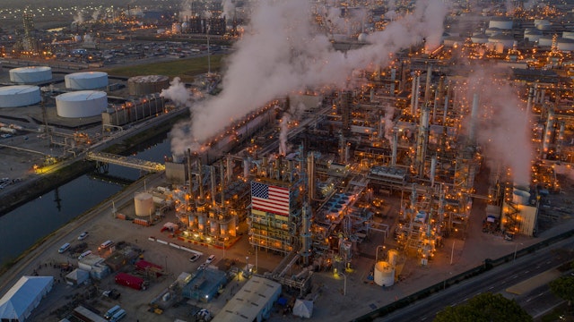 An aerial view shows Marathon Petroleum Corp's Los Angeles Refinery, the state's largest producer of gasoline, as oil prices have cratered with the spread of the coronavirus pandemic on April 22, 2020 in Carson, California.