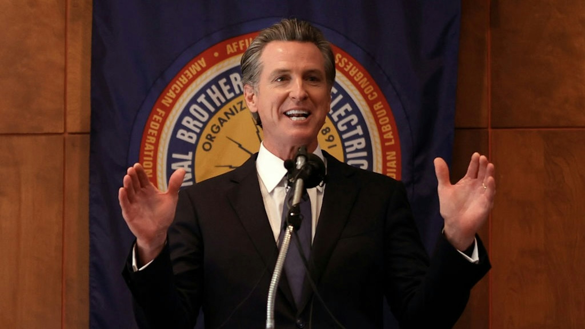 California Governor Gavin Newsom Meets With Campaign Staff And Volunteer On Day Of Recall Election Vote SAN FRANCISCO, CALIFORNIA - SEPTEMBER 14: California Gov. Gavin Newsom speaks to union workers and volunteers on election day at the IBEW Local 6 union hall on September 14, 2021 in San Francisco, California. Californians are heading to the polls to cast their ballots in the California recall election of Gov. Gavin Newsom. (Photo by Justin Sullivan/Getty Images) Justin Sullivan / Staff