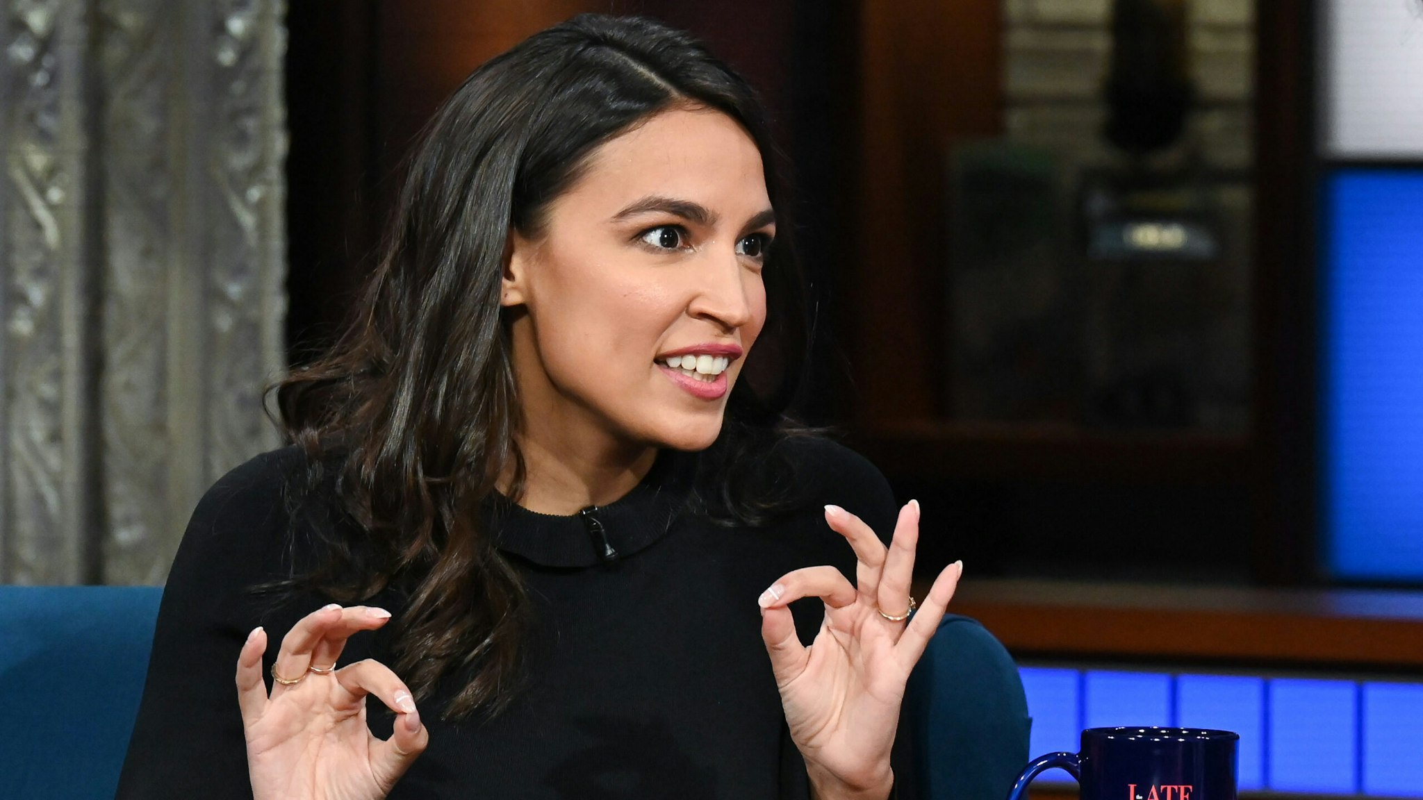 NEW YORK - JUNE 28: The Late Show with Stephen Colbert and guest Rep. Alexandria Ocasio-Cortez during Tuesdays June 28, 2022 show.
