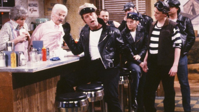 Pictured: (l-r) Nora Dunn as Pops' Wife, Dana Carvey as Pops, Alec Baldwin as Marlon Brando as Johnny, Rob Schneider as Sidekick, Mike Myers as Landfill during "The Environmentally Concious One" skit on April 21, 1990