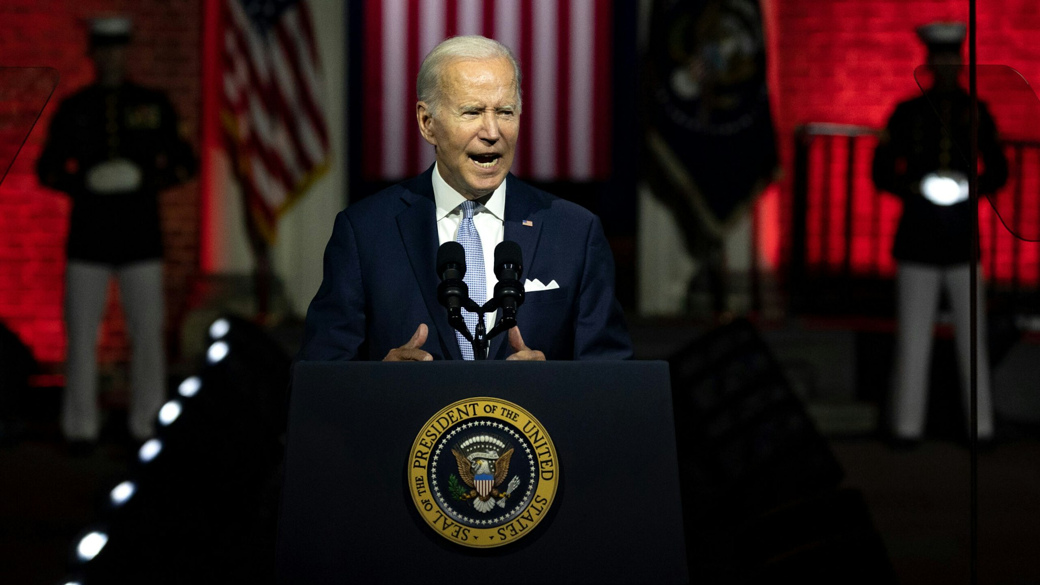 US President Joe Biden speaks at Independence National Historical Park in Philadelphia, Pennsylvania, US, on Thursday, Sept. 1, 2022. Biden is arguing that Donald Trump's supporters pose a threat to US democracy and the country's elections during an address billed as the "battle for the soul of the nation."