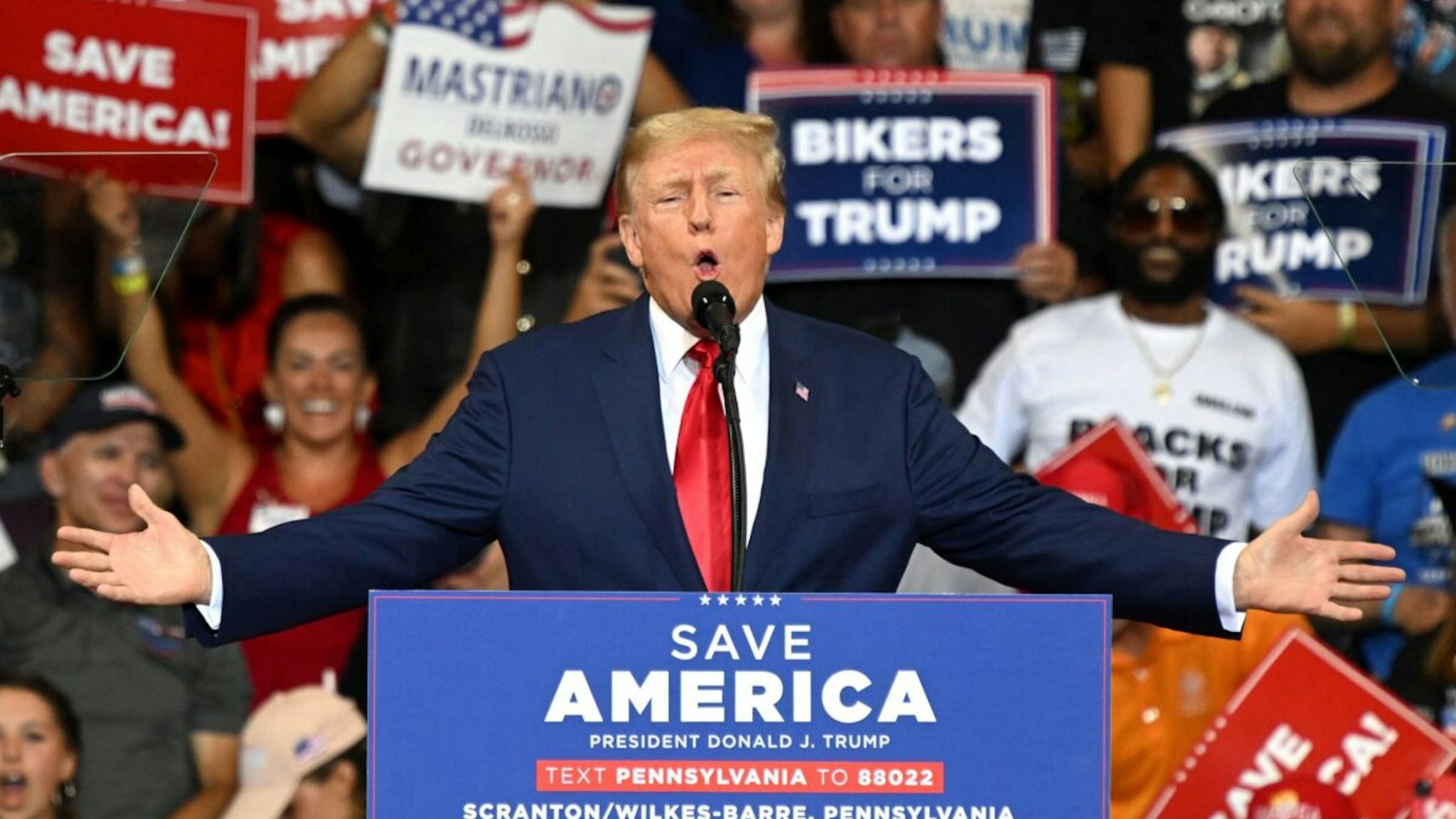 Former US President Donald Trump speaks during a campaign rally in support of Doug Mastriano for Governor and Mehmet Oz for US Senate at Mohegan Sun Arena in Wilkes-Barre, Pennsylvania, on September 3, 2022