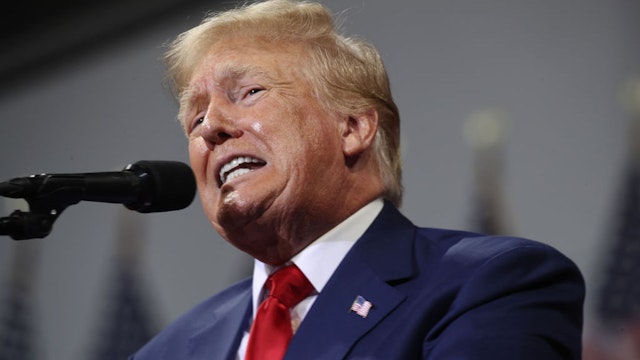 WILKES-BARRE, PENNSYLVANIA - SEPTEMBER 03: Former president Donald Trump speaks to supporters at a rally to support local candidates at the Mohegan Sun Arena on September 03, 2022 in Wilkes-Barre, Pennsylvania. Trump still denies that he lost the election against President Joe Biden and has encouraged his supporters to doubt the election process. Trump has backed Senate candidate Mehmet Oz and gubernatorial hopeful Doug Mastriano. (Photo by Spencer Platt/Getty Images)