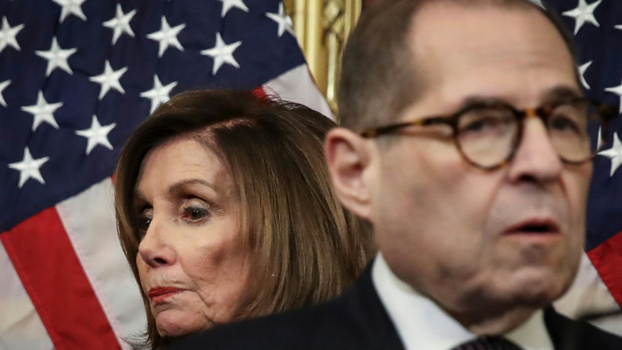 WASHINGTON, DC DECEMBER 18: (L-R) Speaker of the House Nancy Pelosi (D-CA) and Chairman of House Judiciary Committee Rep. Jerry Nadler (D-NY) attend a press conference after the House of Representatives voted to impeach President Donald Trump at the U.S. Capitol on December 18, 2019 in Washington, DC. On Wednesday evening, the U.S. House of Representatives voted 230 to 197 and 229 to 198 to impeach President Trump on two articles of impeachment charging him with abuse of power and obstruction of Congress. (Photo by Drew Angerer/Getty Images)