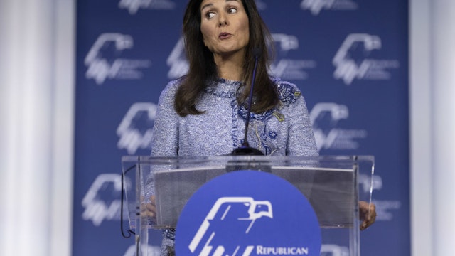 Nikki Haley, former ambassador to the United Nations, speaks during the Republican Jewish Coalition (RJC) Annual Leadership Meeting in Las Vegas, Nevada, U.S., on Saturday, Nov. 6, 2021. Following Tuesday's results, the National Republican Campaign Committee added 13 House Democrats to the list of 57 it was targeting for defeat in the midterm elections as the GOP seeks to erase Democrats five-seat margin in the House and control of the 50-50 Senate with Vice President Kamala Harris's vote. Photographer: Bridget Bennett/Bloomberg via Getty Images